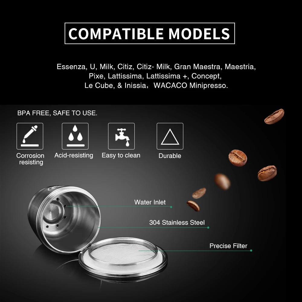 ICafilas Stianless Metal Refillable Reusable Coffee Capsule Spoon With Clips Tamper For Nespresso Capsule