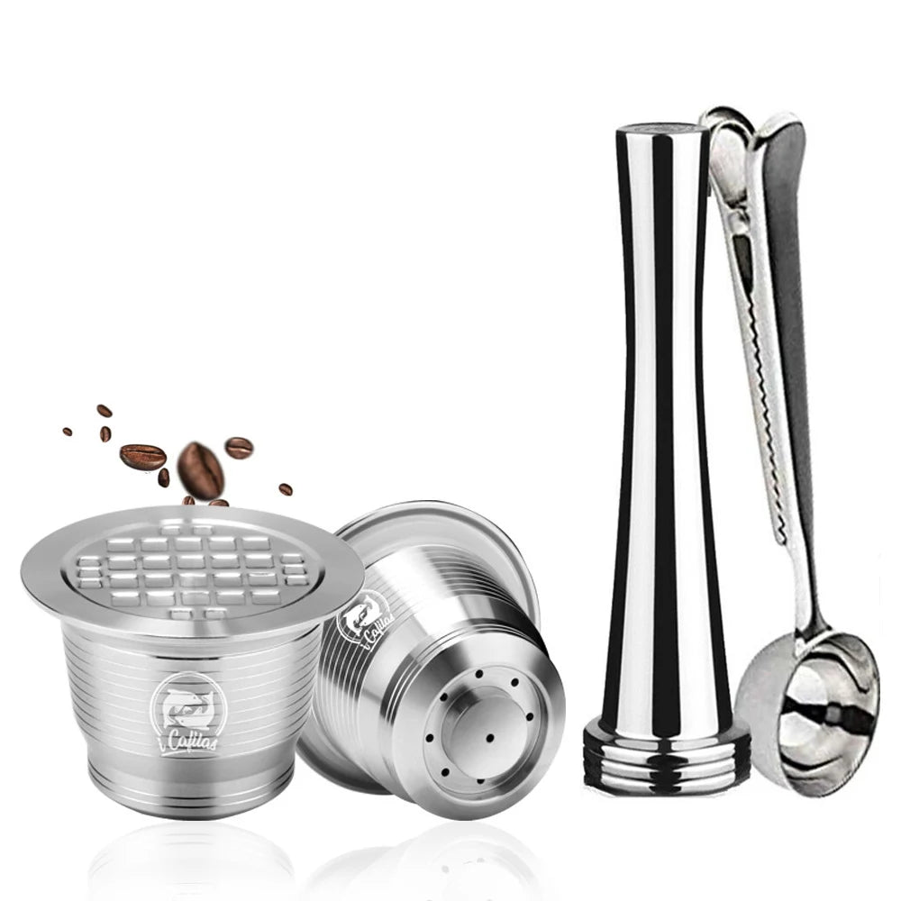 ICafilas Stianless Metal Refillable Reusable Coffee Capsule Spoon With Clips Tamper For Nespresso Capsule