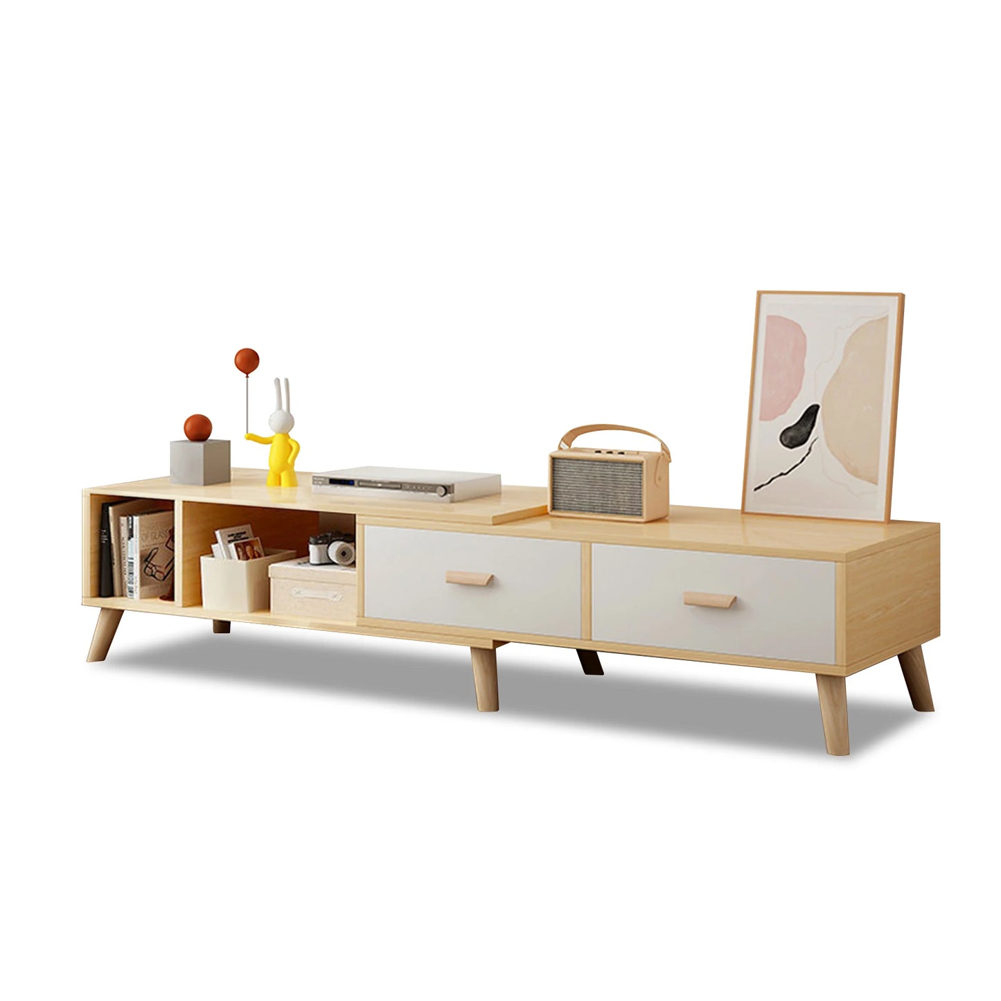 Modern TV Stand with 2 Cabinets Open Shelves Minimalist Wooden Entertainment Center for TVs Up 78” Sturdy TV Console Living Room