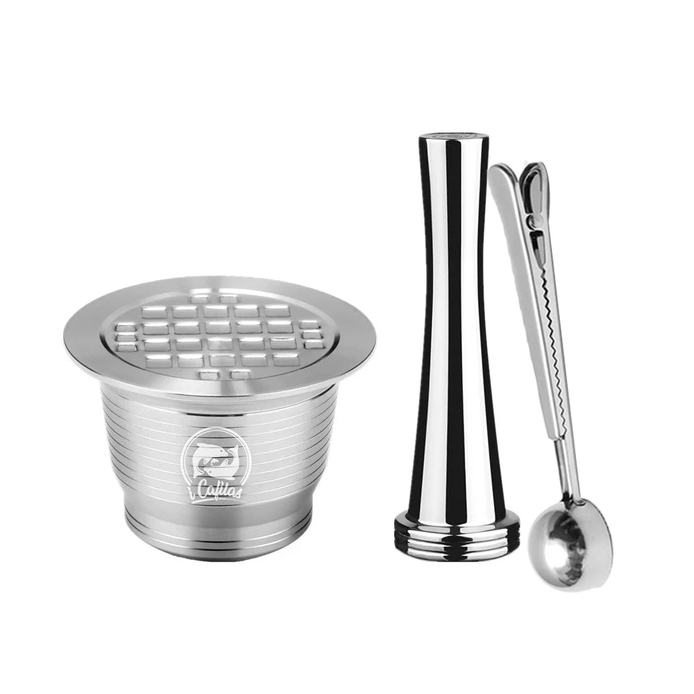 ICafilas Stianless Metal Refillable Reusable Coffee Capsule Spoon With Clips Tamper For Nespresso Capsule