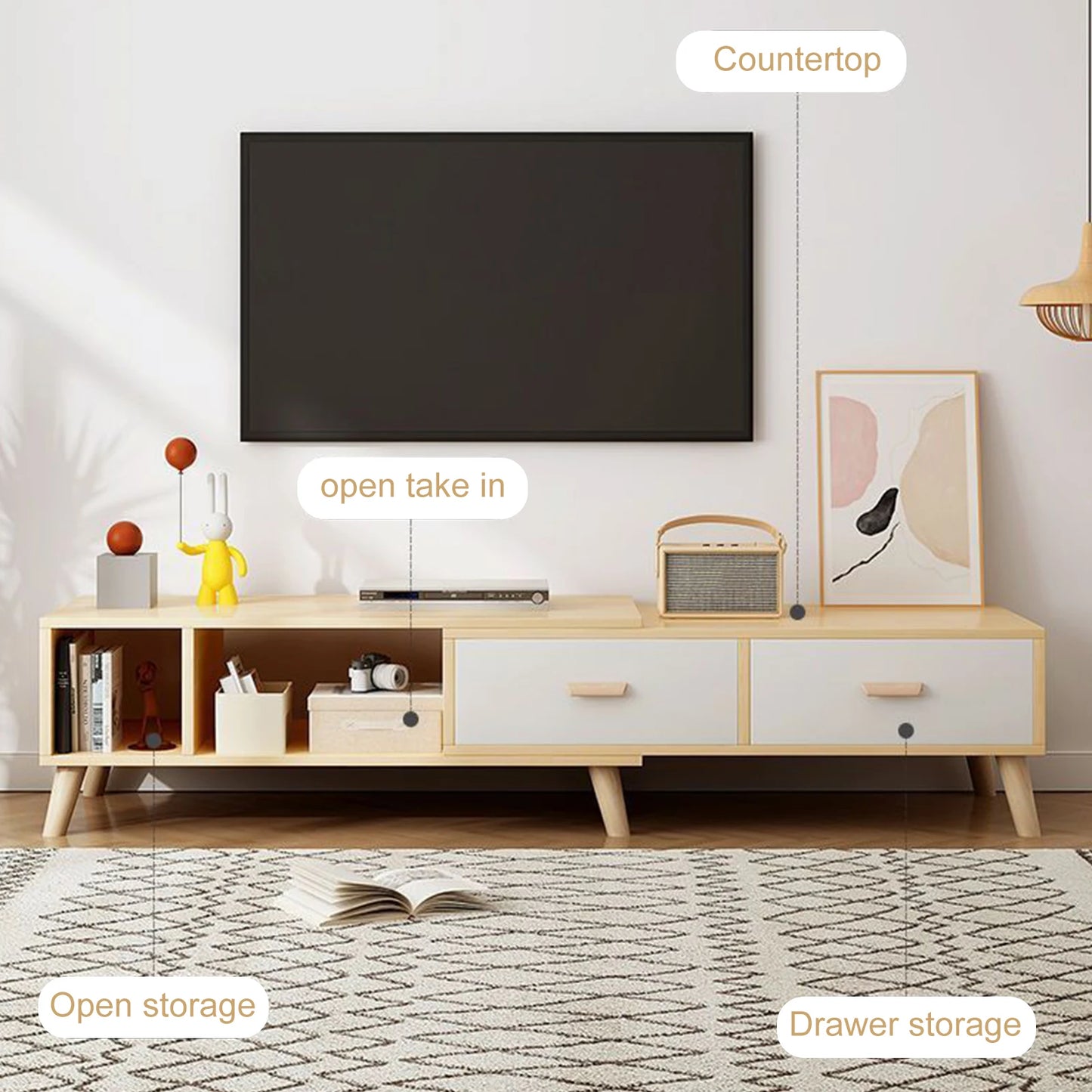 Modern TV Stand with 2 Cabinets Open Shelves Minimalist Wooden Entertainment Center for TVs Up 78” Sturdy TV Console Living Room
