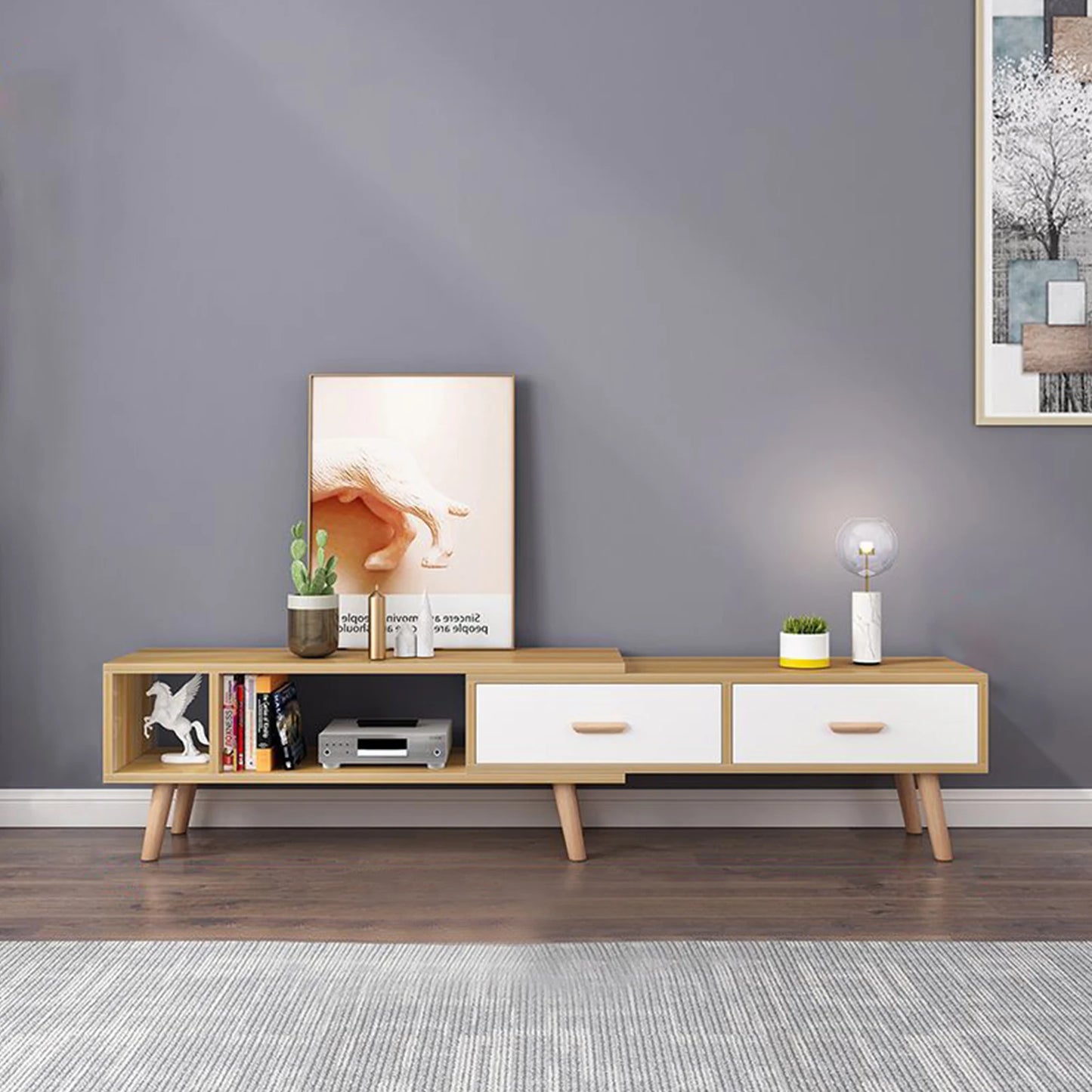 Modern TV Stand with 2 Cabinets Open Shelves Minimalist Wooden Entertainment Center for TVs Up 78” Sturdy TV Console Living Room