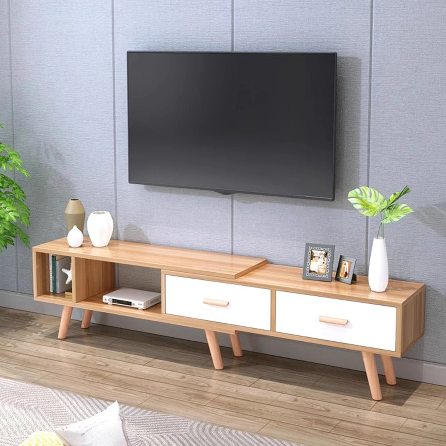 Modern TV Stand with 2 Cabinets Open Shelves Minimalist Wooden Entertainment Center for TVs Up 78” Sturdy TV Console Living Room