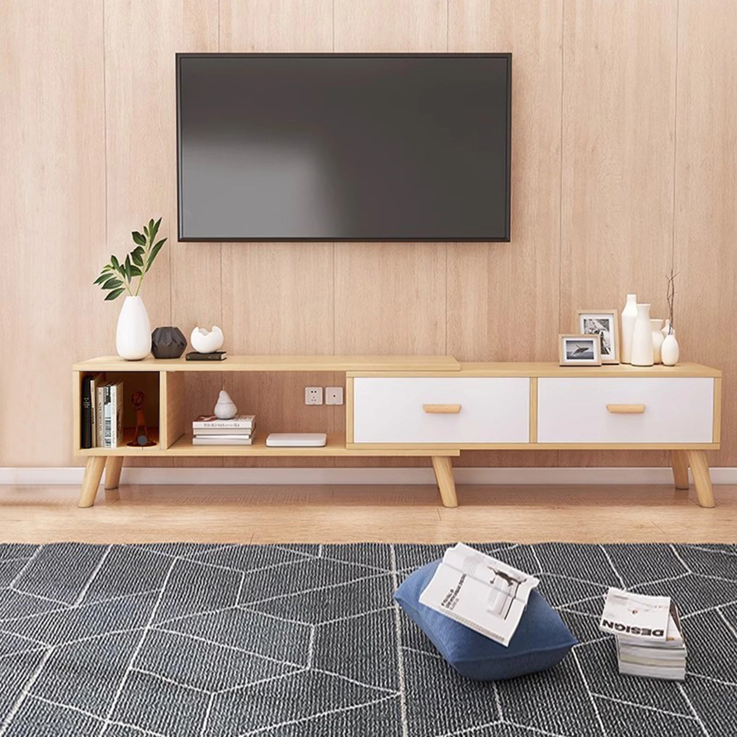 Modern TV Stand with 2 Cabinets Open Shelves Minimalist Wooden Entertainment Center for TVs Up 78” Sturdy TV Console Living Room