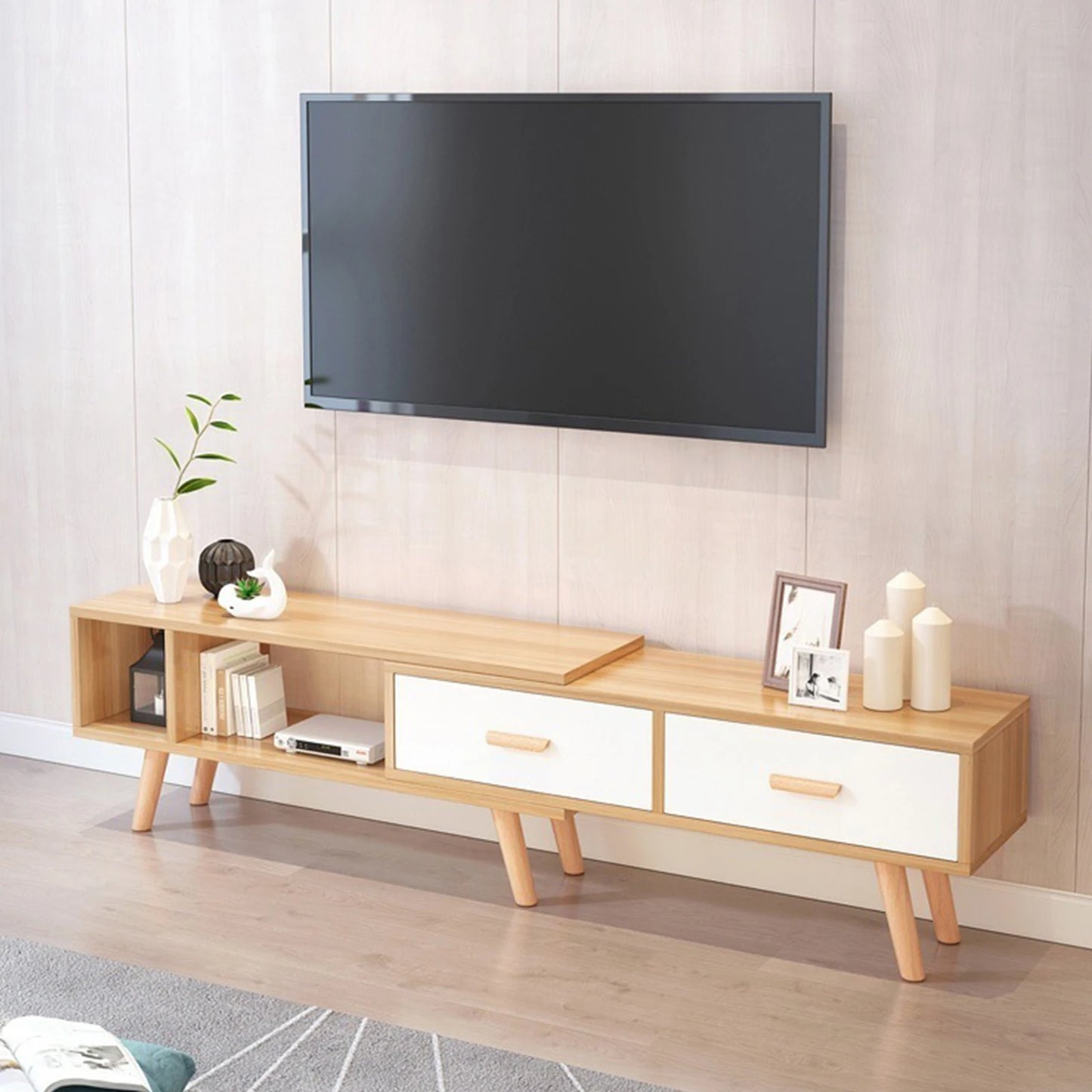 Modern TV Stand with 2 Cabinets Open Shelves Minimalist Wooden Entertainment Center for TVs Up 78” Sturdy TV Console Living Room