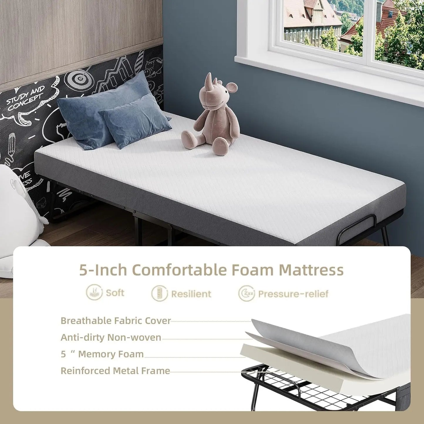 Folding Bed with Mattress Portable Foldable Guest Beds for Adults 75 x 31 Inch Twin Size Rollaway Day Bed with Premium 5 Inch Me