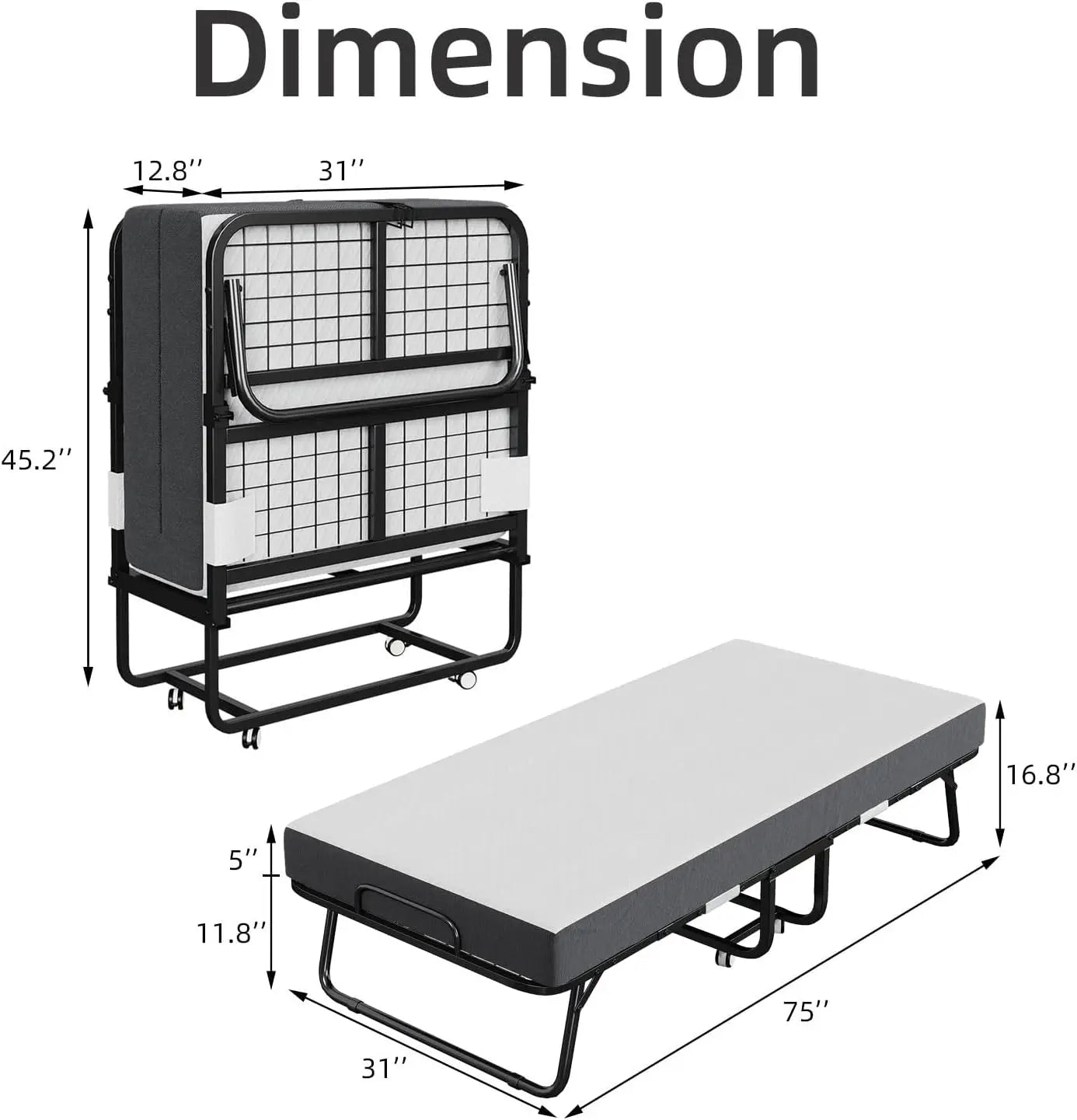 Folding Bed with Mattress Portable Foldable Guest Beds for Adults 75 x 31 Inch Twin Size Rollaway Day Bed with Premium 5 Inch Me