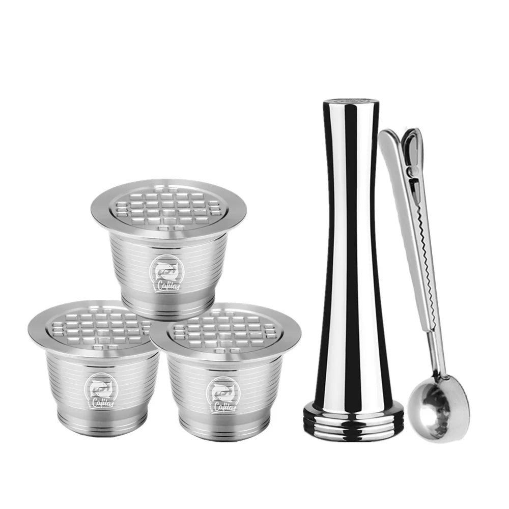 ICafilas Stianless Metal Refillable Reusable Coffee Capsule Spoon With Clips Tamper For Nespresso Capsule